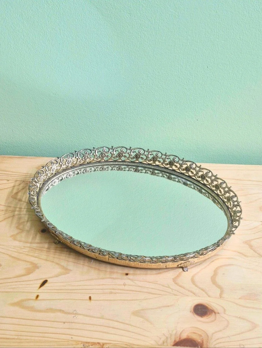 Vintage Oval Filigree Footed Vanity Mirror Tray